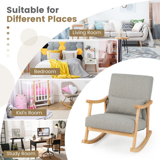 Upholstered Rocking Chair with Pillow and Rubber Wood Frame-Gray