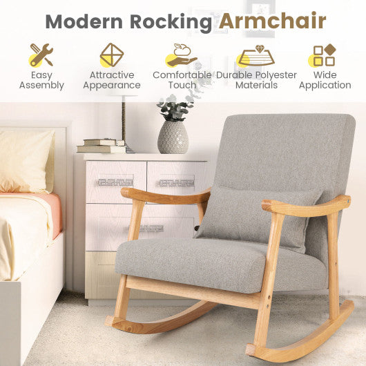Upholstered Rocking Chair with Pillow and Rubber Wood Frame-Gray
