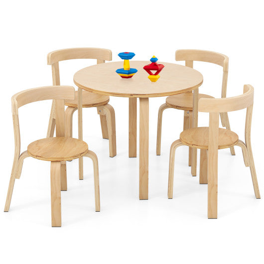 5-Piece Kids Toddler Wooden Curved Back Activity Table and Chair Set with Toy Bricks
