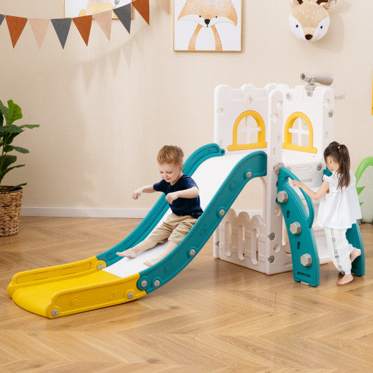 6-in-1 Toddle Slide L-shaped Playground with Basketball Hoop and Ladder-Yellow