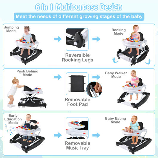6 in 1 Foldable Baby Walker with Adjustable Height-Black