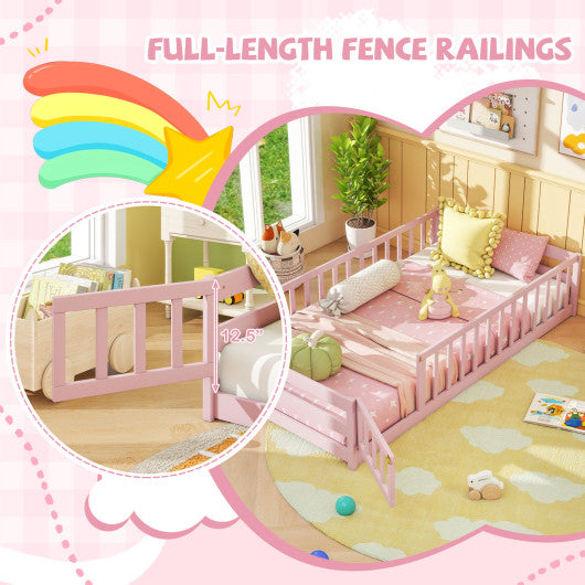 Twin Size Montessori Floor Bed Frame with Full Length Safety Guardrails-Pink