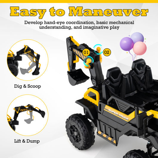 24V Ride On Excavator 4WD 2-Seater with Remote Control and Digging Arm-Yellow