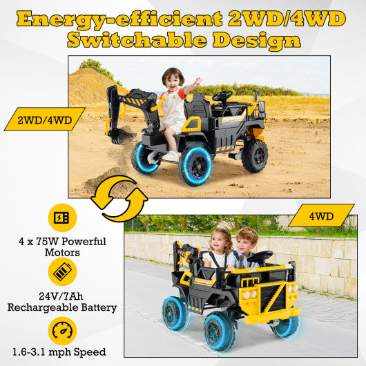 24V Ride On Excavator 4WD 2-Seater with Remote Control and Digging Arm-Yellow