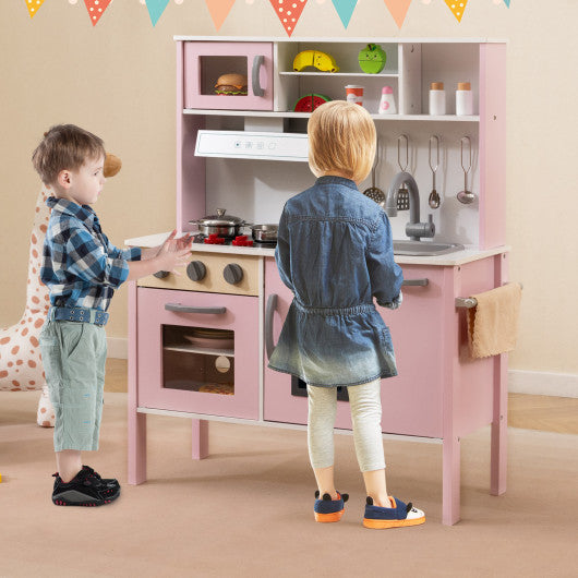 Wooden Pretend Play Kitchen Set for Toddlers-White and Pink