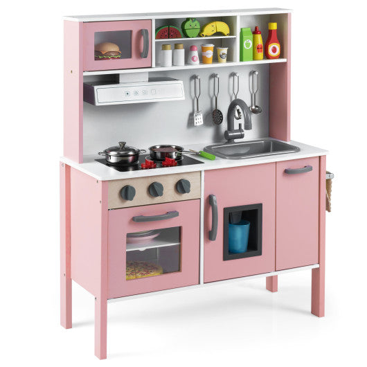 Wooden Pretend Play Kitchen Set for Toddlers-White and Pink