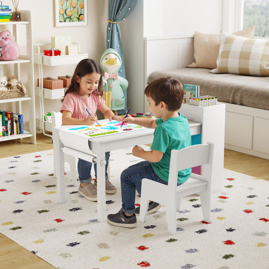 Kids Art Table and Chairs Set with 2 Chairs and Paper Roll-White