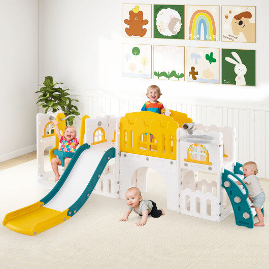 10-in-1 Toddler Swing and Slide Set Climber Playset with Basketball Hoop-Yellow
