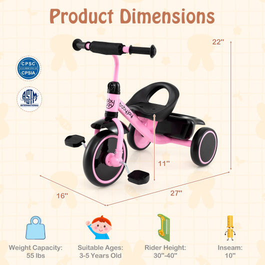 Toddler Tricycle Kids Trike with Adjustable Seat and Storage Basket Aged 3-5 Years Old-Pink