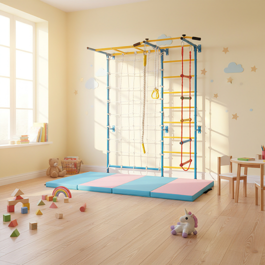 7-in-1 Swedish Ladder with Folding Gymnastics Mat for Solid Wall for Kids