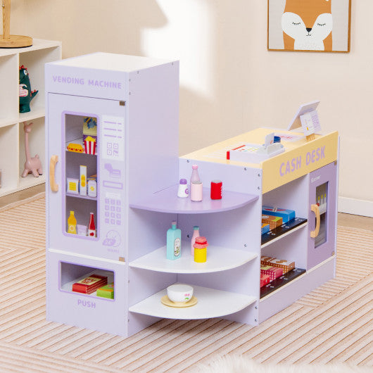 Kids Wooden Supermarket Play Toy Set with Checkout Counter-Purple