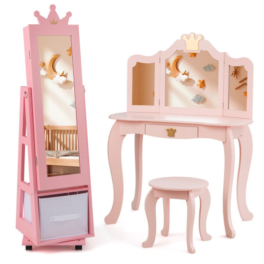 Kids Vanity Set + Kids Jewelry Armoire with Full-Length Mirror with Drawer