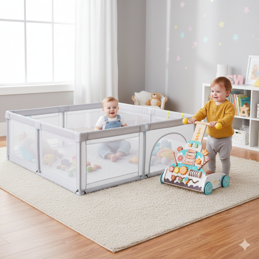 Wooden Baby Walker and Large Infant Playpen Bundle