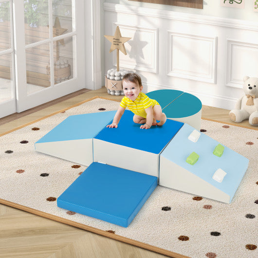 6-Piece Soft Play Set for Toddlers with Climbing Triangle and Ramp-Blue