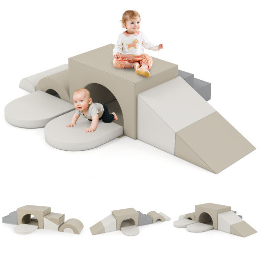 7-Piece Soft Foam Toddler Climbing Blocks Set PU Leather for 1+ Year Old-Gray