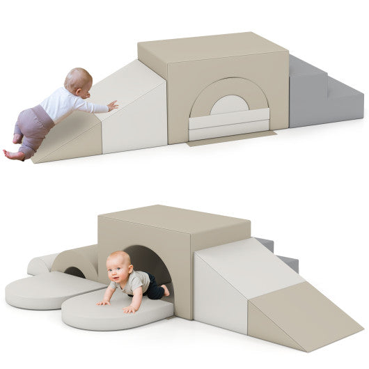 7-Piece Soft Foam Toddler Climbing Blocks Set PU Leather for 1+ Year Old-Gray