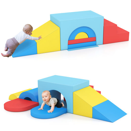 7-Piece Soft Foam Toddler Climbing Blocks Set PU Leather for 1+ Year Old-Blue