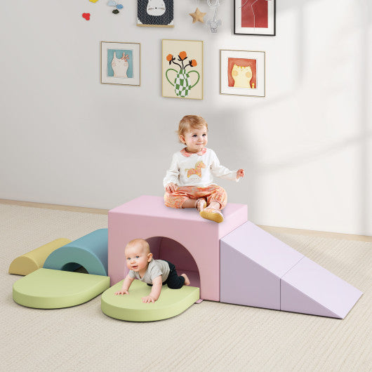 7-Piece Soft Foam Toddler Climbing Blocks Set PU Leather for 1+ Year Old-Pink