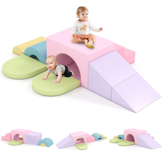 7-Piece Soft Foam Toddler Climbing Blocks Set PU Leather for 1+ Year Old-Pink