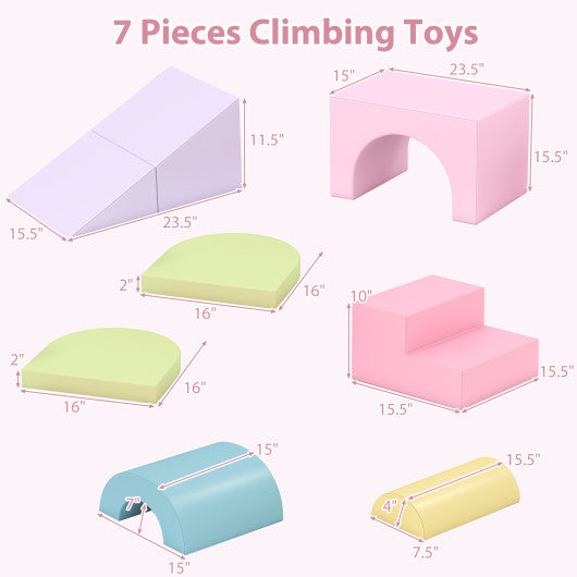 7-Piece Soft Foam Toddler Climbing Blocks Set PU Leather for 1+ Year Old-Pink