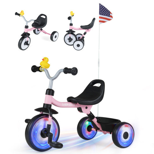 Glowing Wheels Toddler Tricycle  Foldable Kids Trike with Basket and Duck Bell