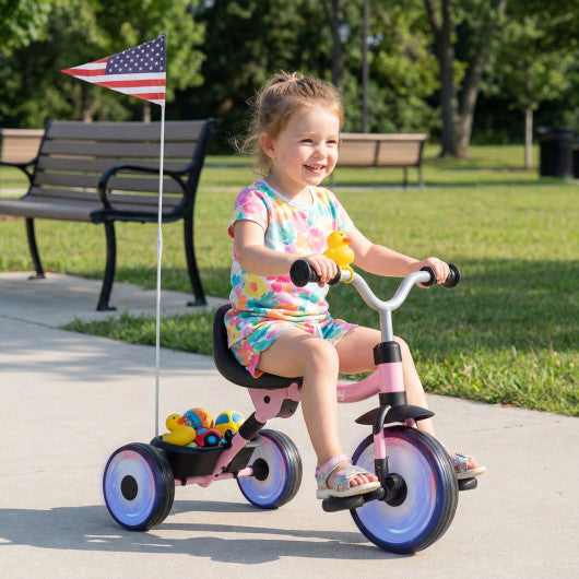 Glowing Wheels Toddler Tricycle  Foldable Kids Trike with Basket and Duck Bell
