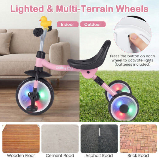 Glowing Wheels Toddler Tricycle  Foldable Kids Trike with Basket and Duck Bell