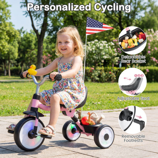 Glowing Wheels Toddler Tricycle  Foldable Kids Trike with Basket and Duck Bell