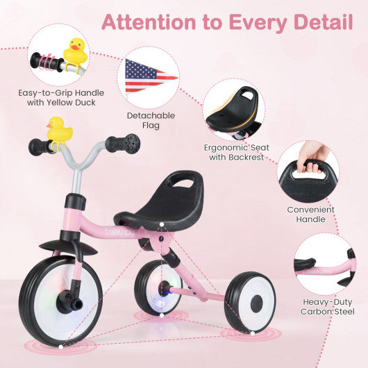 Glowing Wheels Toddler Tricycle  Foldable Kids Trike with Basket and Duck Bell