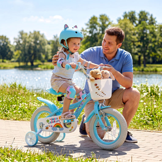 12 Inches Girls Bike for 3-4 Years Old with Training Wheels and Basket - Spring Party Blue