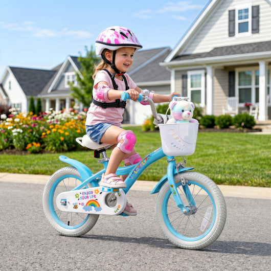 14 Inches Girls Bike for 3-5 Years Old with Training Wheels and Basket - Spring Party  Blue
