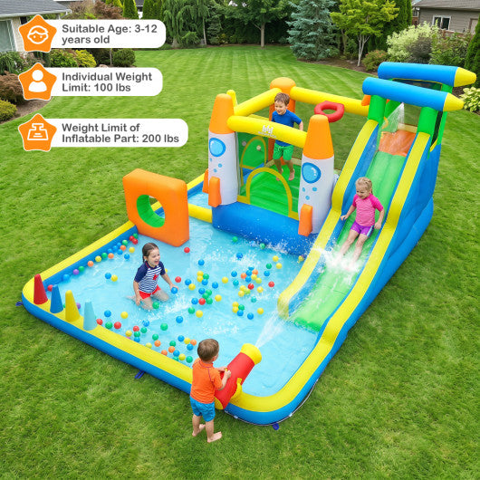 10-in-1 Inflatable Bounce House with Water Slide and 680W Blower for Kids