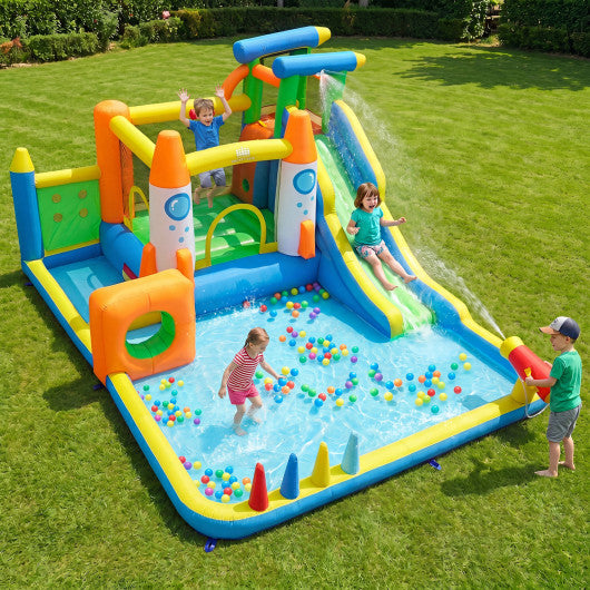 10-in-1 Inflatable Bounce House with Water Slide and 680W Blower for Kids