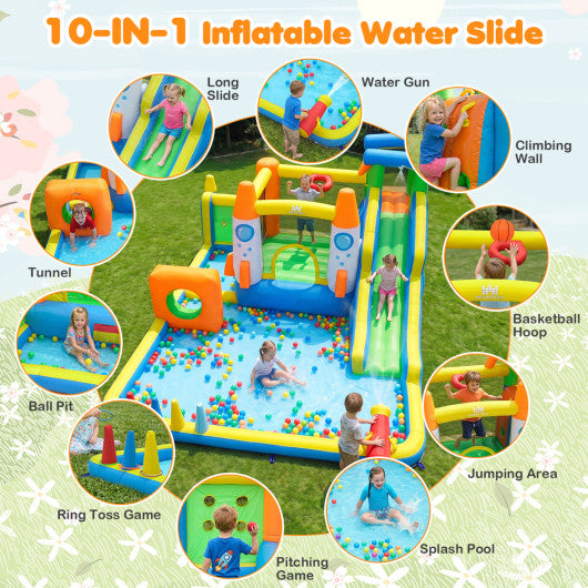 10-in-1 Inflatable Bounce House with Water Slide and 680W Blower for Kids