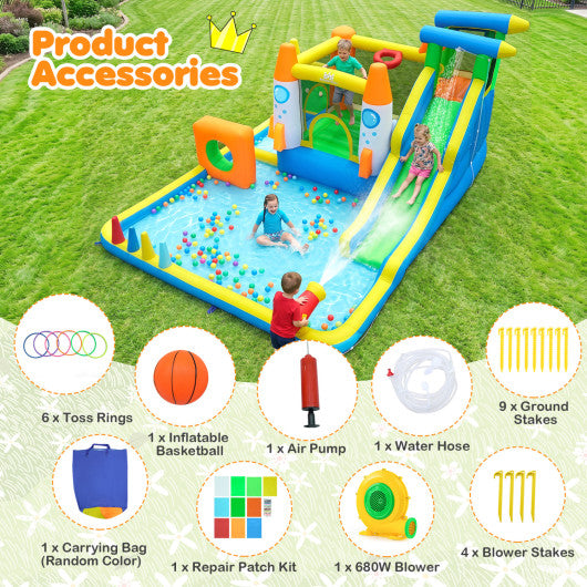 10-in-1 Inflatable Bounce House with Water Slide and 680W Blower for Kids