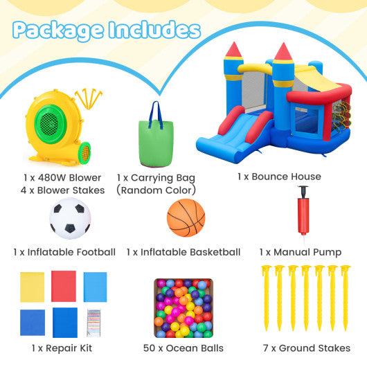 Inflatable Bounce House for Kids with Slide Ocean Ball and Pitching Game for Birthday Party Carnival