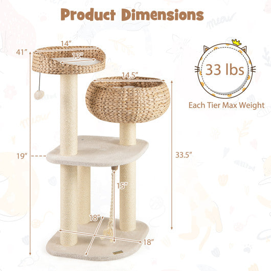 41 Inch Rattan Cat Tree with Napping Perch-White