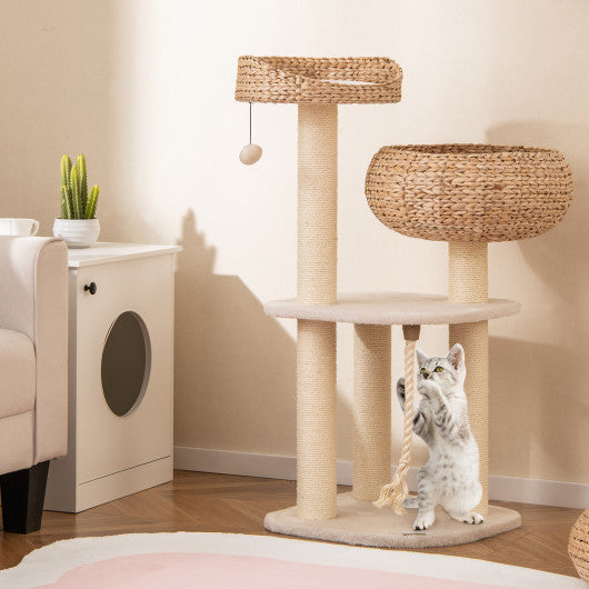 41 Inch Rattan Cat Tree with Napping Perch-White
