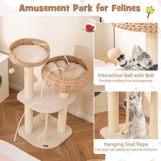 41 Inch Rattan Cat Tree with Napping Perch-White