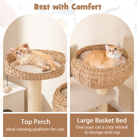 41 Inch Rattan Cat Tree with Napping Perch-White